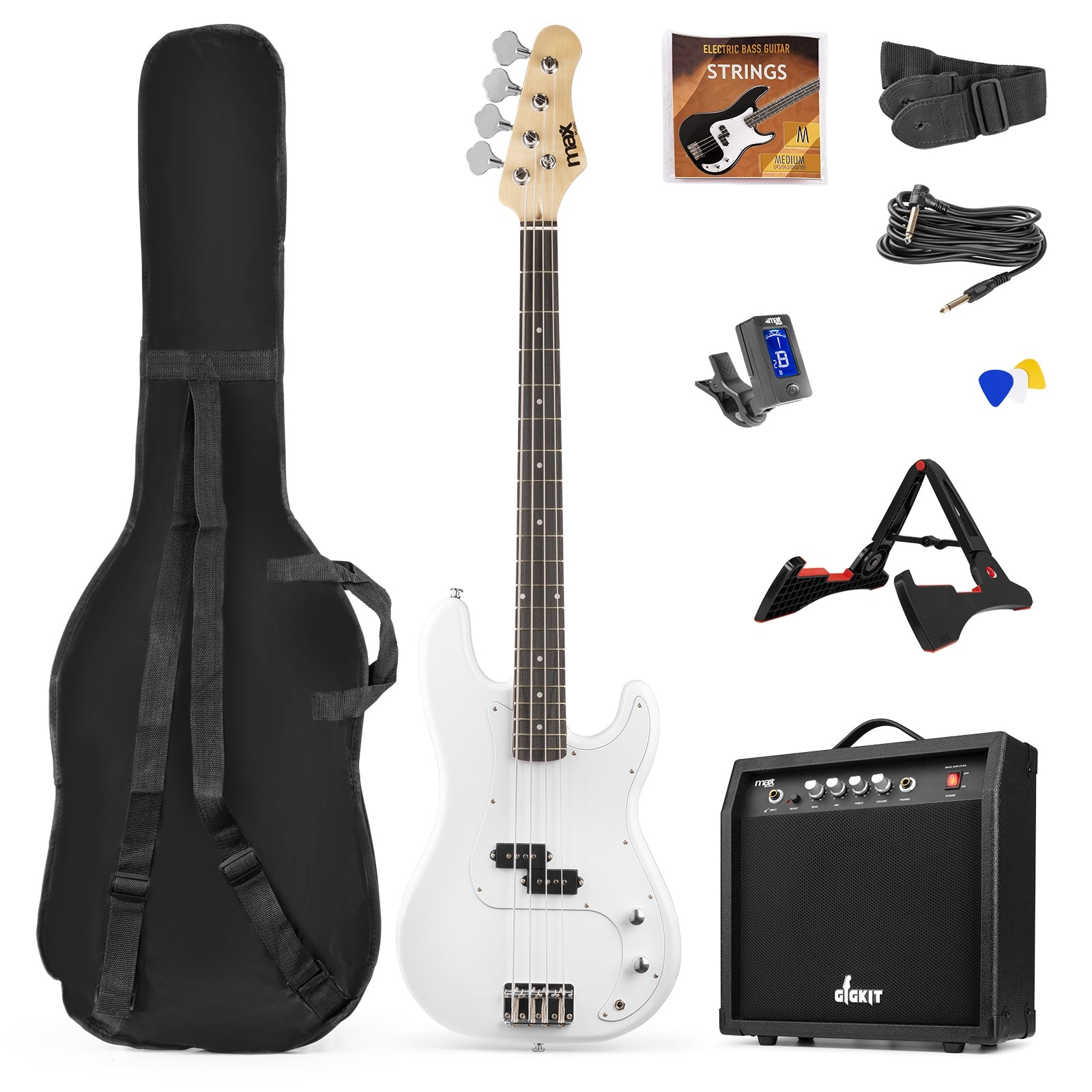 MAX GigKit Electric Bass Guitar Pack White