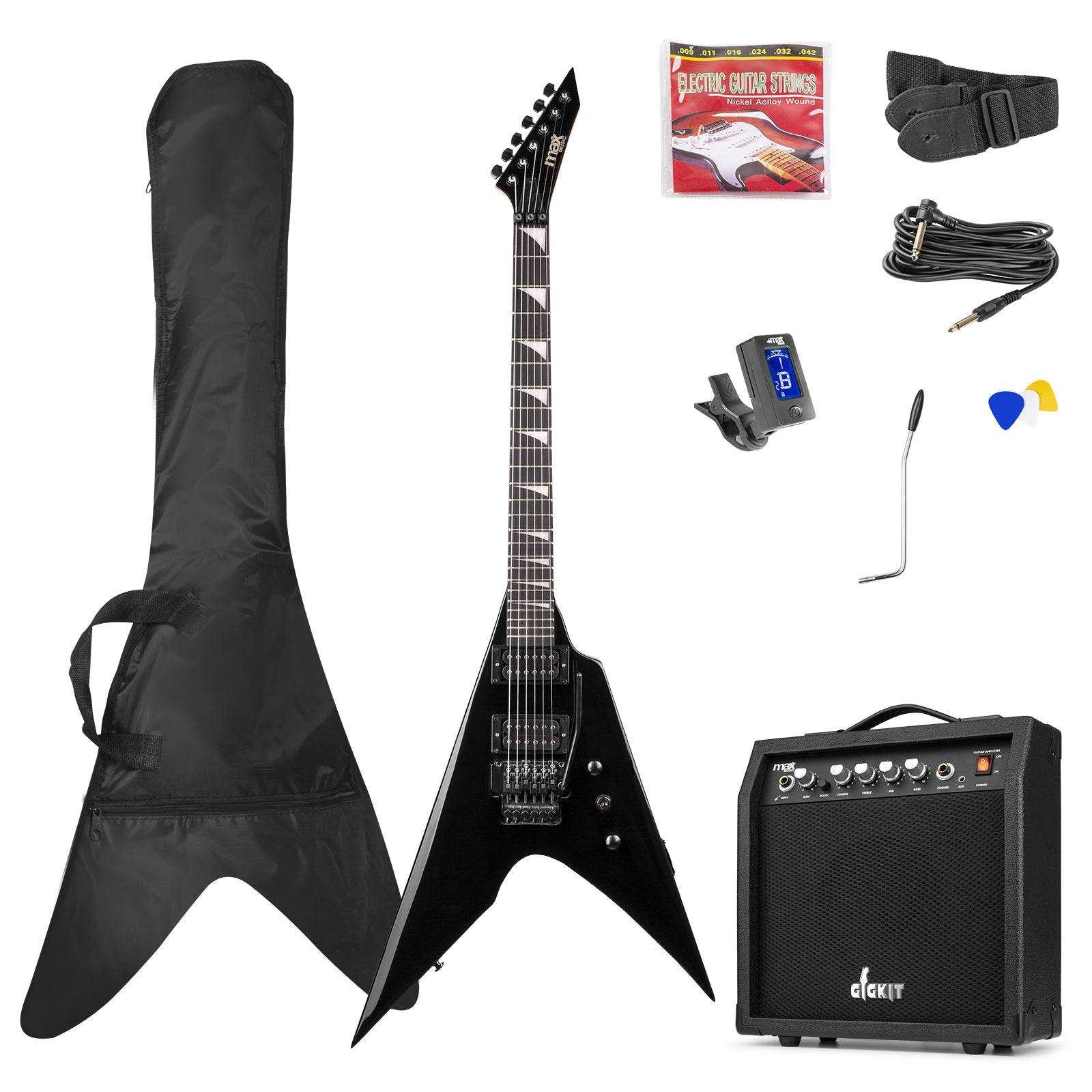 MAX GigKit Electric Guitar Pack Flying V Rock Style - Black