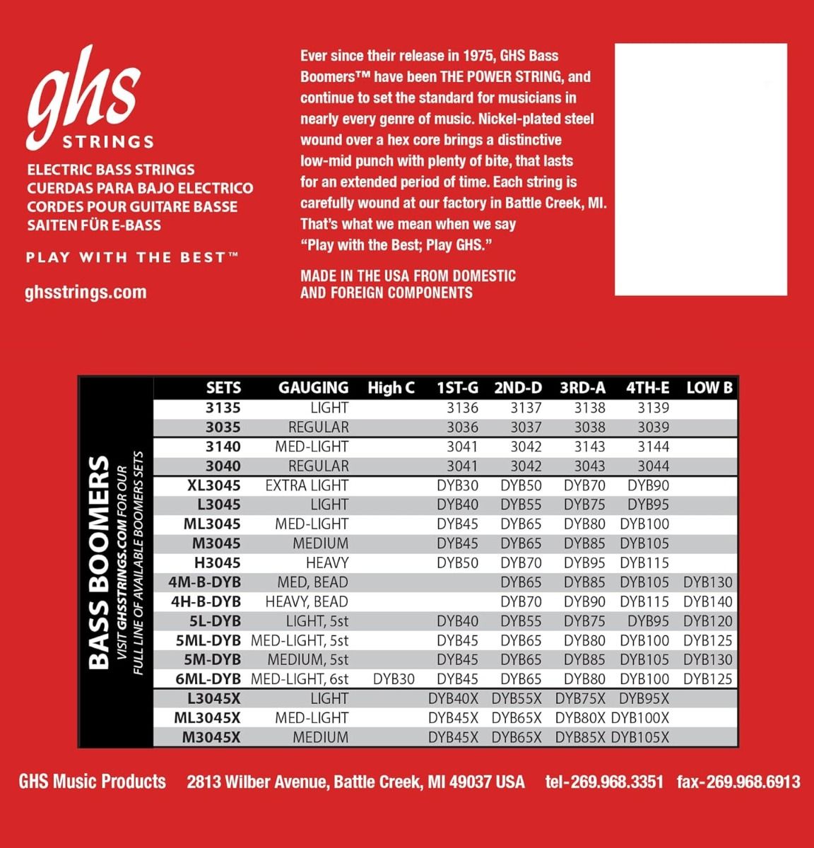GHS H3045 (50-115) Bass Boomers - Bass Strings